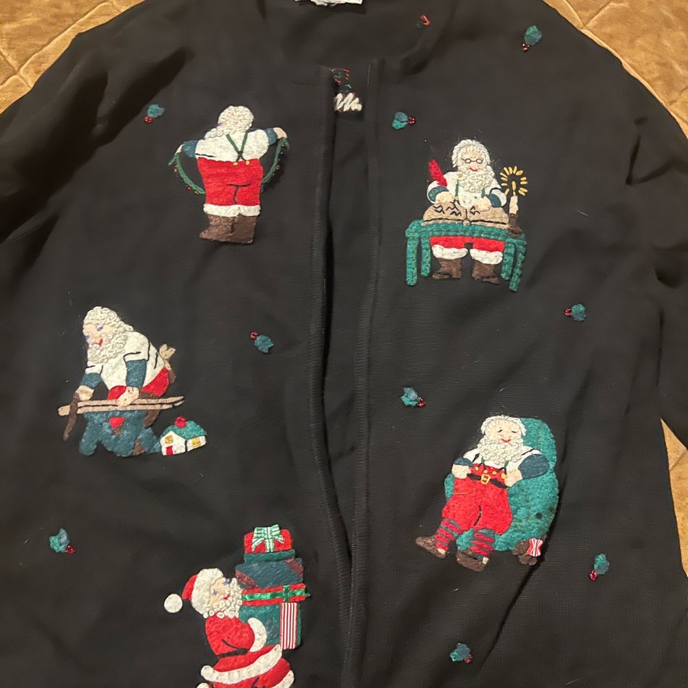 Talbots Black Zip Up Sweater with Santa Designs